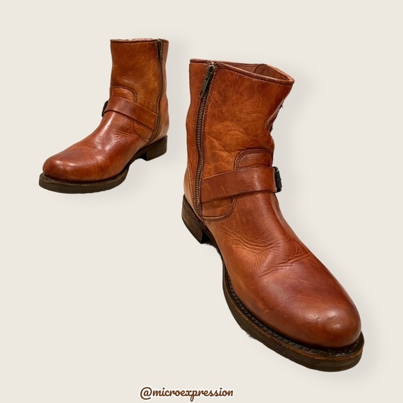 $389 Veronica Short Belted Cognac Leather Fringe Moto Vintage Combat Ankle Boot - Picture 14 of 15